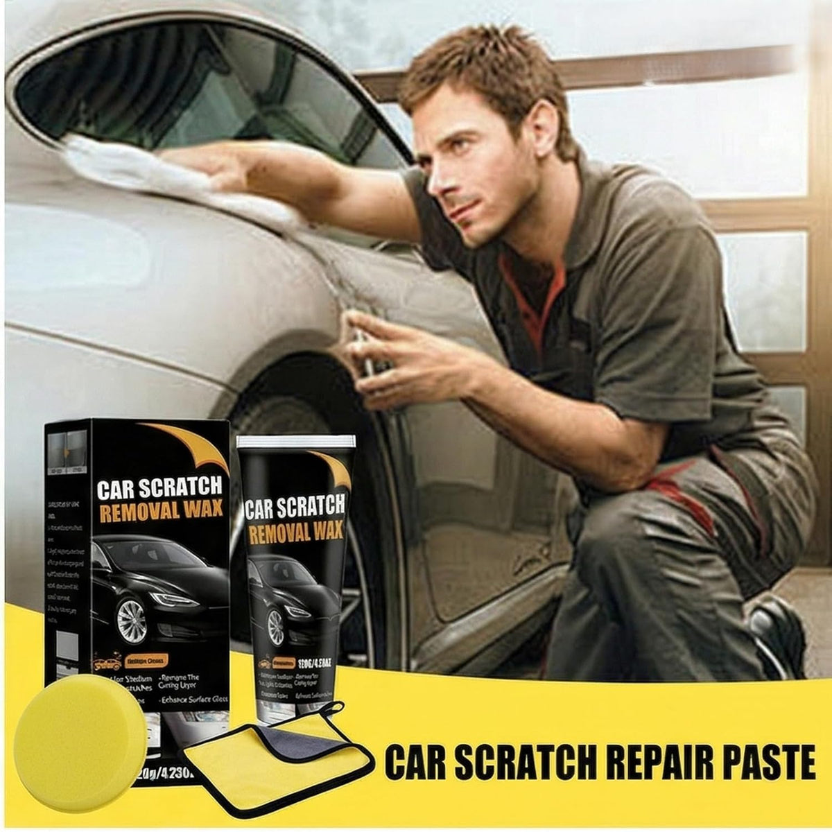 Car Scratch Remover Wax & Repair Paste - Erases Scuffs in 3 Seconds - Complete Kit with Sponge and Microfiber Cloth for Door Handle Scratches & Swirls - 120ml