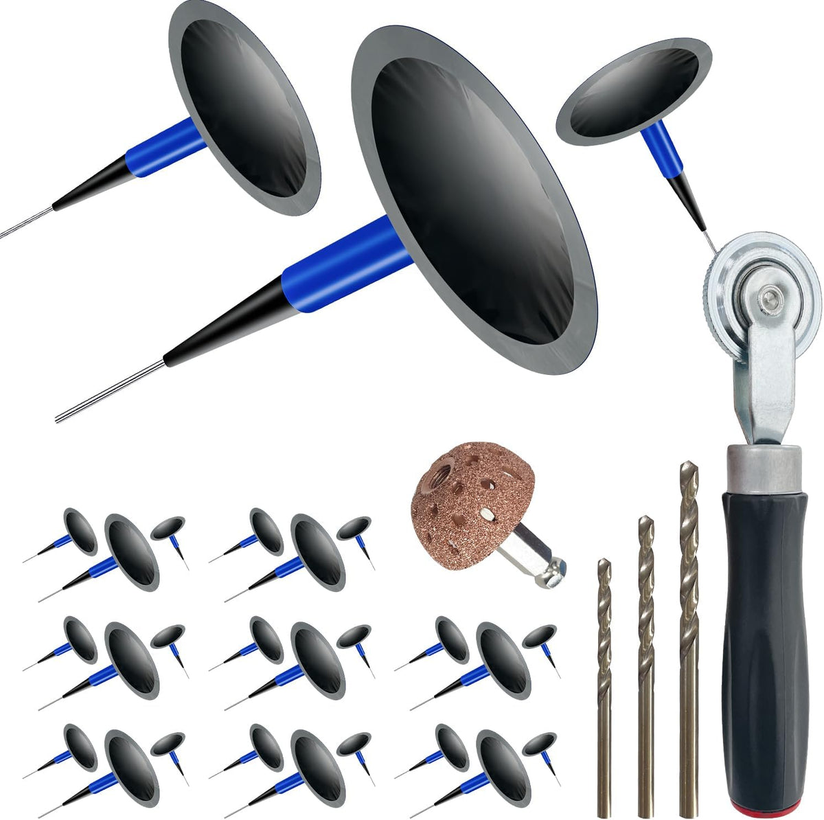 Tire Repair Patch Tool Kit Including 24pcs Tire Patch Plugs, Tungsten Buffing Wheel, Tire Patch Roller with 4mm Twist Drill Bits for Vehicle