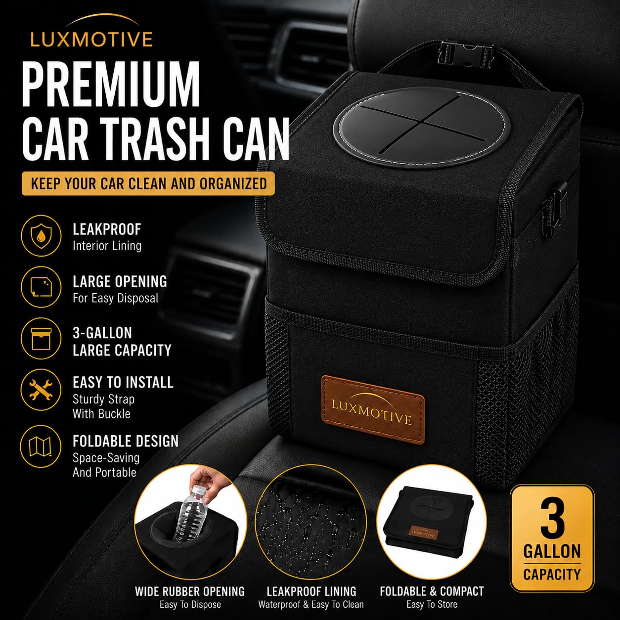 LuxMotive Car Trash Can – 3 Gallon Leakproof Waterproof Auto Trash Bin, Hanging Car Garbage Container with Lid & Storage Pockets, Foldable Car Organizer for Vehicle Interior (Black)