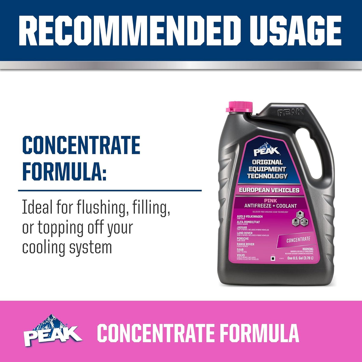 PEAK OET Extended Life Pink Concentrate Antifreeze/Coolant for European Vehicles, 1 Gal.
