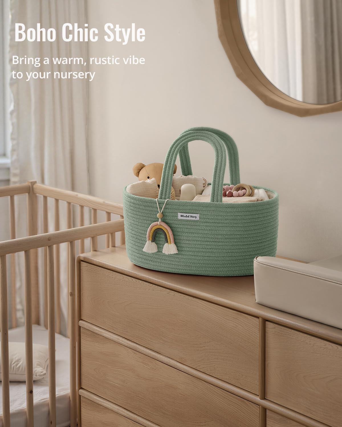 Blissful Diary Baby Diaper Caddy Organizer, Cotton Rope Diaper Caddy Basket, Oval Storage Basket, Gift for Baby Shower, Newborn Essentials, Green
