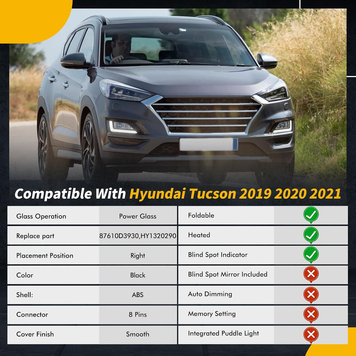 19-21 Right Passenger Side Mirror Compatible with Hyundai Tucson 2019 2020 2021, W/Blind Spot/Heated/Manual Folding/Power Glass/Turn Signal Door Mirror Replace ‎87610D3930，HY1320290 (8pins)
