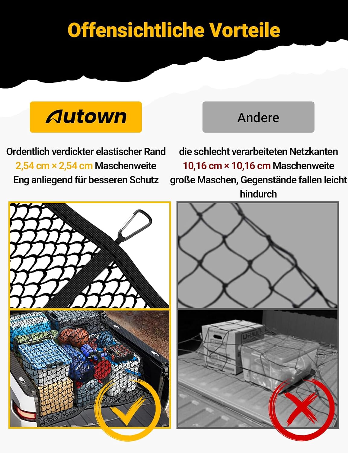 AUTOWN Cargo Net for Pickup Truck Bed with 8 Metal Carabiners & Storage Bag