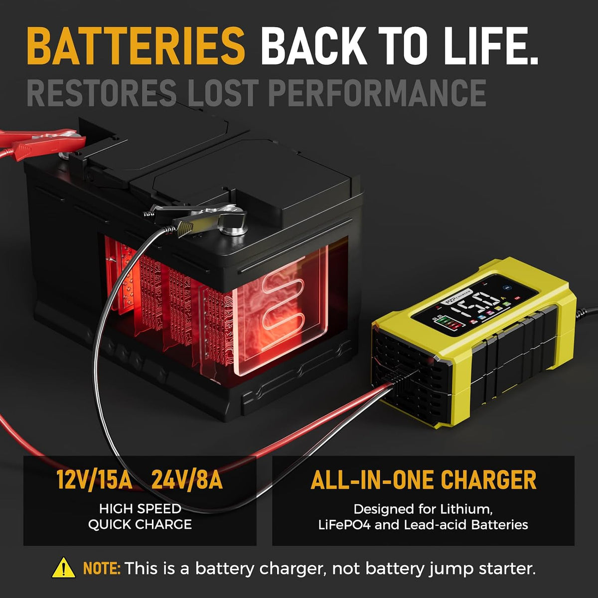 PZ.P 15-Amp 12V/24V Smart Battery Charger, Maintainer & Trickle Charger for LiFePO4, Lead Acid Batteries - Fully Automatic 9-Stage Charging w/Temp Compensation for Motorcycle Car Truck Lawnmower Boat
