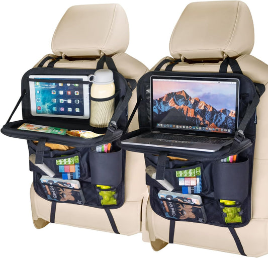 Tsumbay Backseat Car Organizer with Foldable Tray, 9 Pockets, Kick Mat Seat Protector, 18KG Capacity, Waterproof Oxford Fabric for Kids, Family Travel - for Car, SUV, Van (Oxford-2Pck)