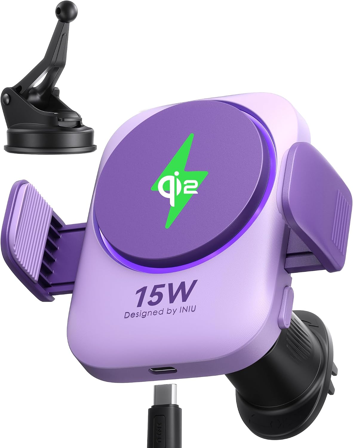 INIU 3-in-1 Magnetic Wireless Car Charger- Extra Clamp for Bumpy Road, Cooling Fan to Extend Battery Life, Original Qi2 Certified 15W Fast Charging for iPhone 12-17 Series Car Charger Holder, Purple