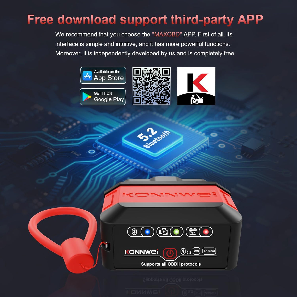 KONNWEI KW906 Red OBD2 Scanner Bluetooth (Red)