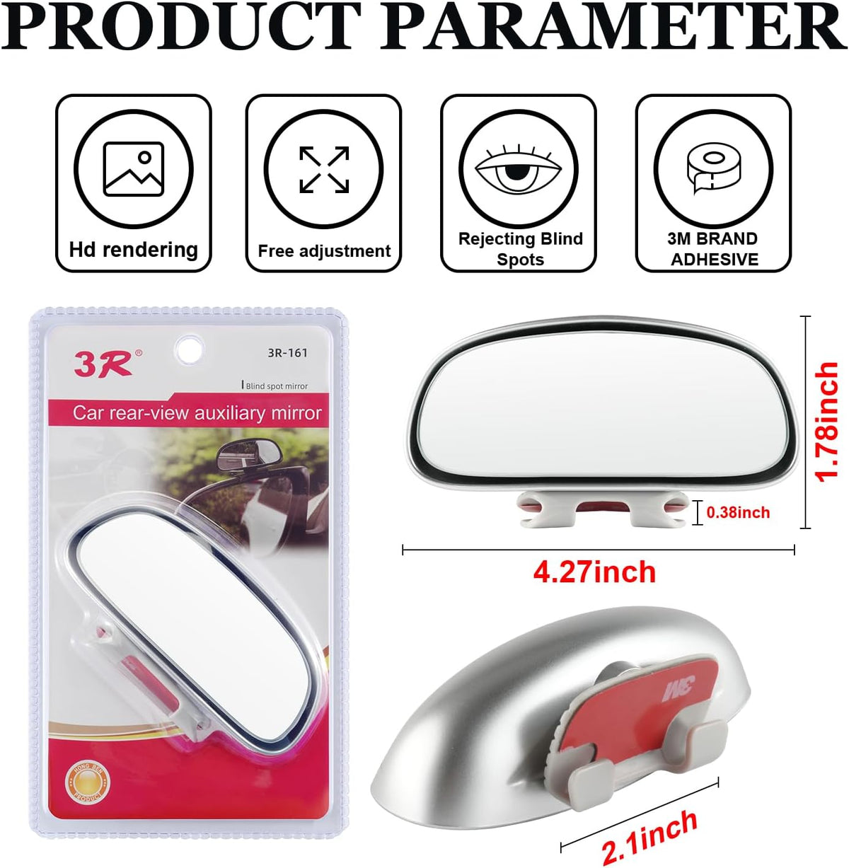 LivTee Clip on Blind Spot Mirror, HD Glass Frameless Convex Rear View Mirrors Exterior Accessories with Wide Angle Adjustable Stick for Car SUV and Trucks, Silver