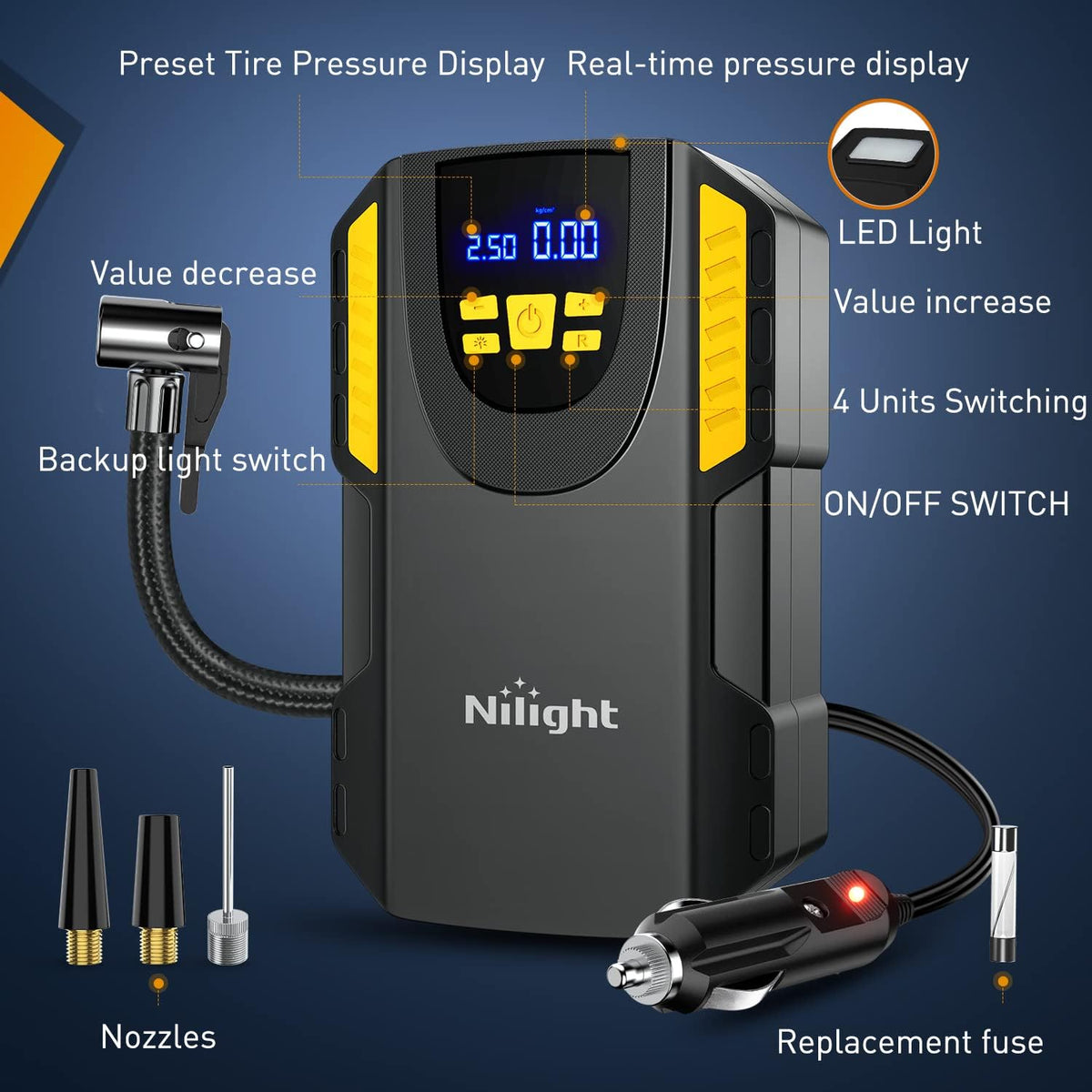 Nilight Digital Tire Inflator Portable Air Compressor w/Pressure Gauge