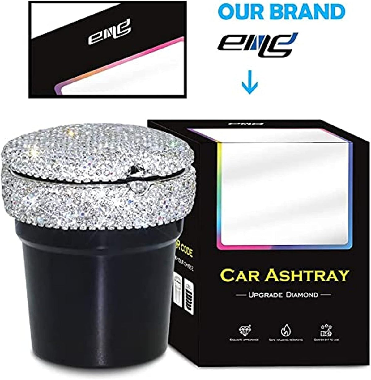 eing Car Ashtray Portable Bling Cigarette Smokeless Cylinder Cup Holder with Blue LED Light Indicator,Car Accessories for Women,Ideal for Car,Home and Office,1 - Pack Black+White