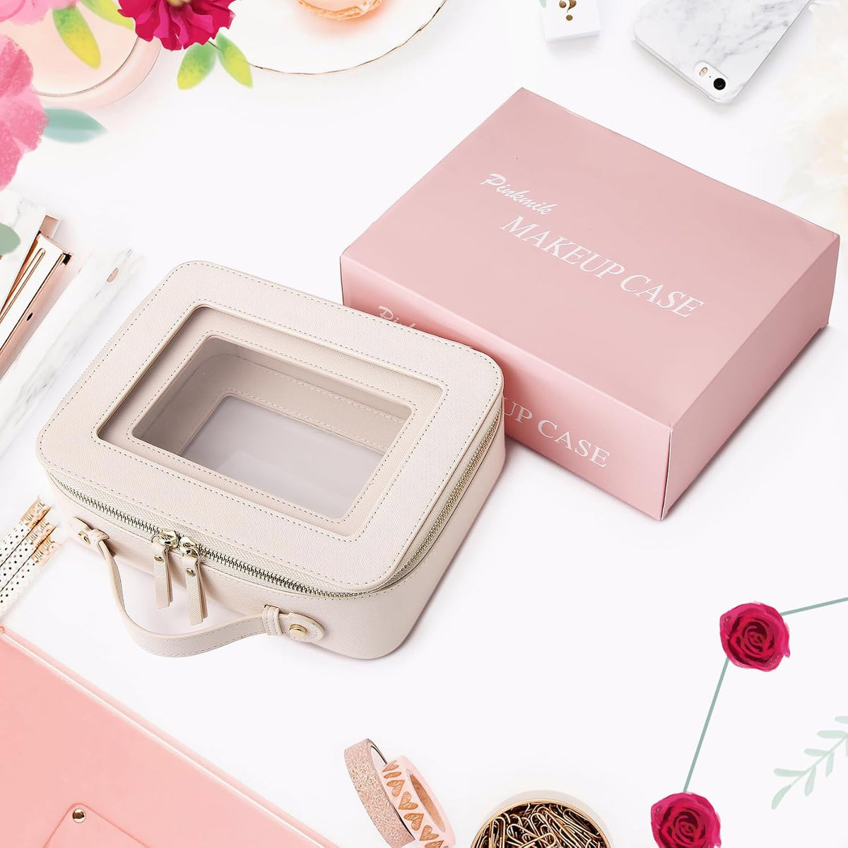 Pinkmik Clear Makeup Bag, (Beige, L)