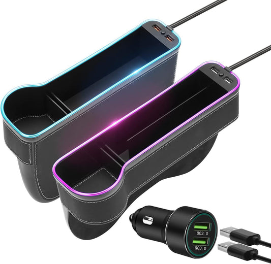 7 Color Led Car Seat Gap Organizer with 56W Fast Charger Car Console Organizer with Cup Holder Front Seat Gap Filler with USB Between Seat Cup Holder fit for Android iPhone (Black)