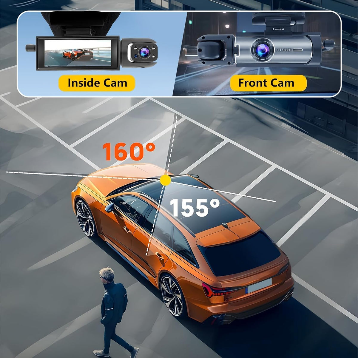 Dashcam Front and Inside,Car Camera Dash Cam for Cars,Driving Recorder with IR Night Vision,Loop Recording,Wide Angle Lens,3.16 Inch IPS Screen,Parking Mode (Dark)