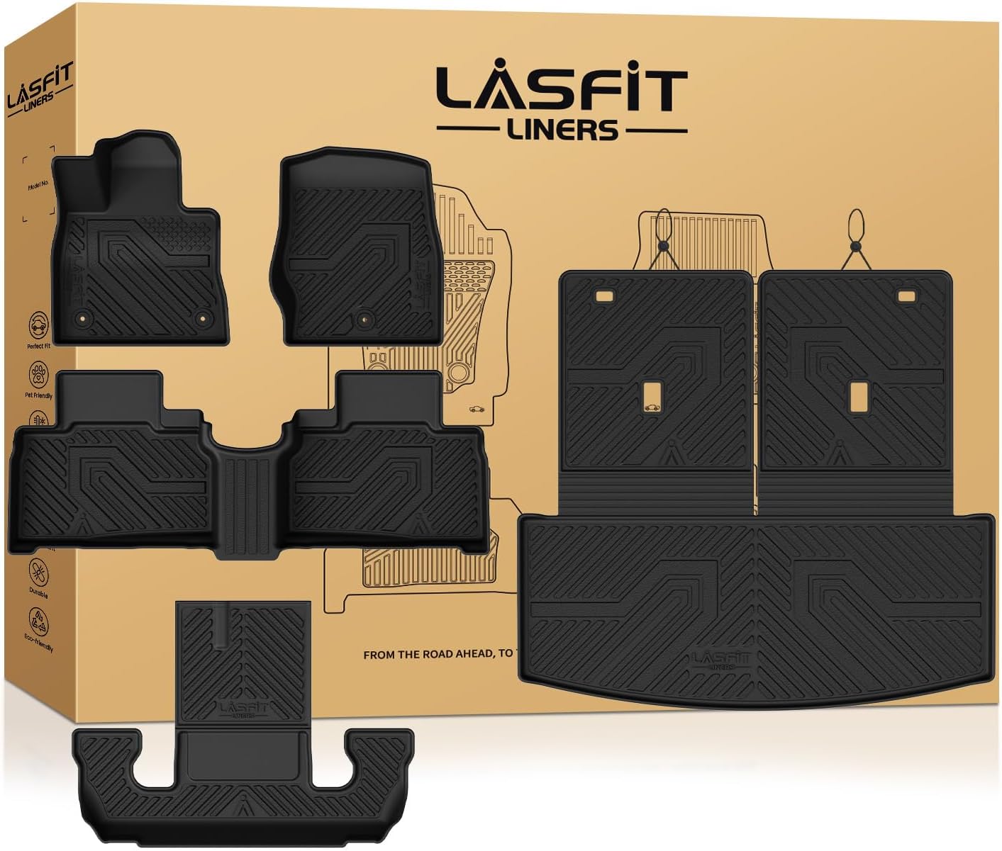 LASFIT Floor Mats & Cargo Liner with Backrest Mat for Ford Explorer 2022-2025 2026 6 Passenger, Custom Fit All Weather Protector TPE Easy Clean Floor Liners, Car Mats for Explorer Accessories, Black