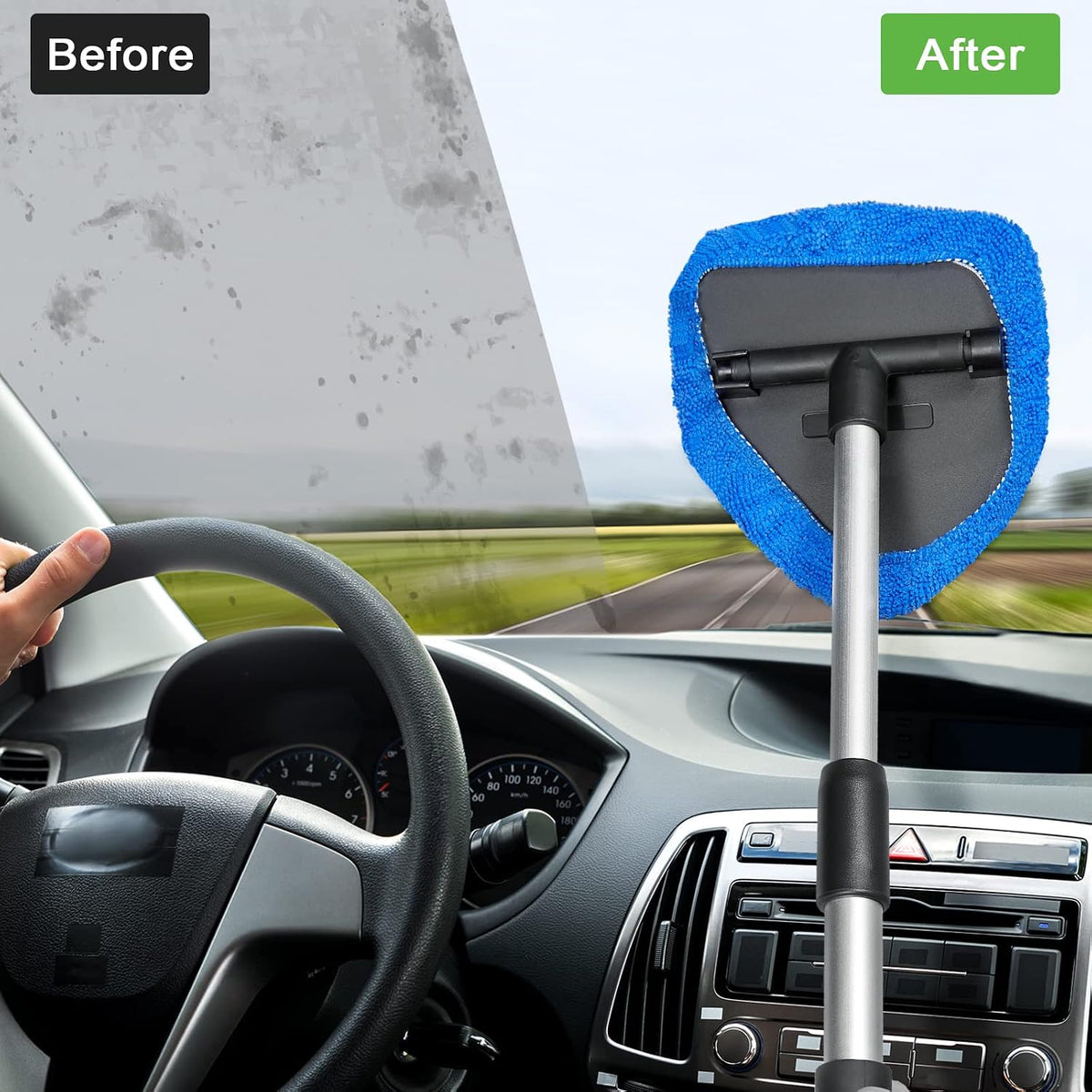 Tallew 3 Pcs Microfiber Car Windshield Cleaner Tool Car Interior Detailing Cleaning Kit with Extendable Handle and 9 Reusable Microfiber Pads Auto Glass Wiper Window Cleaning Kit for Home