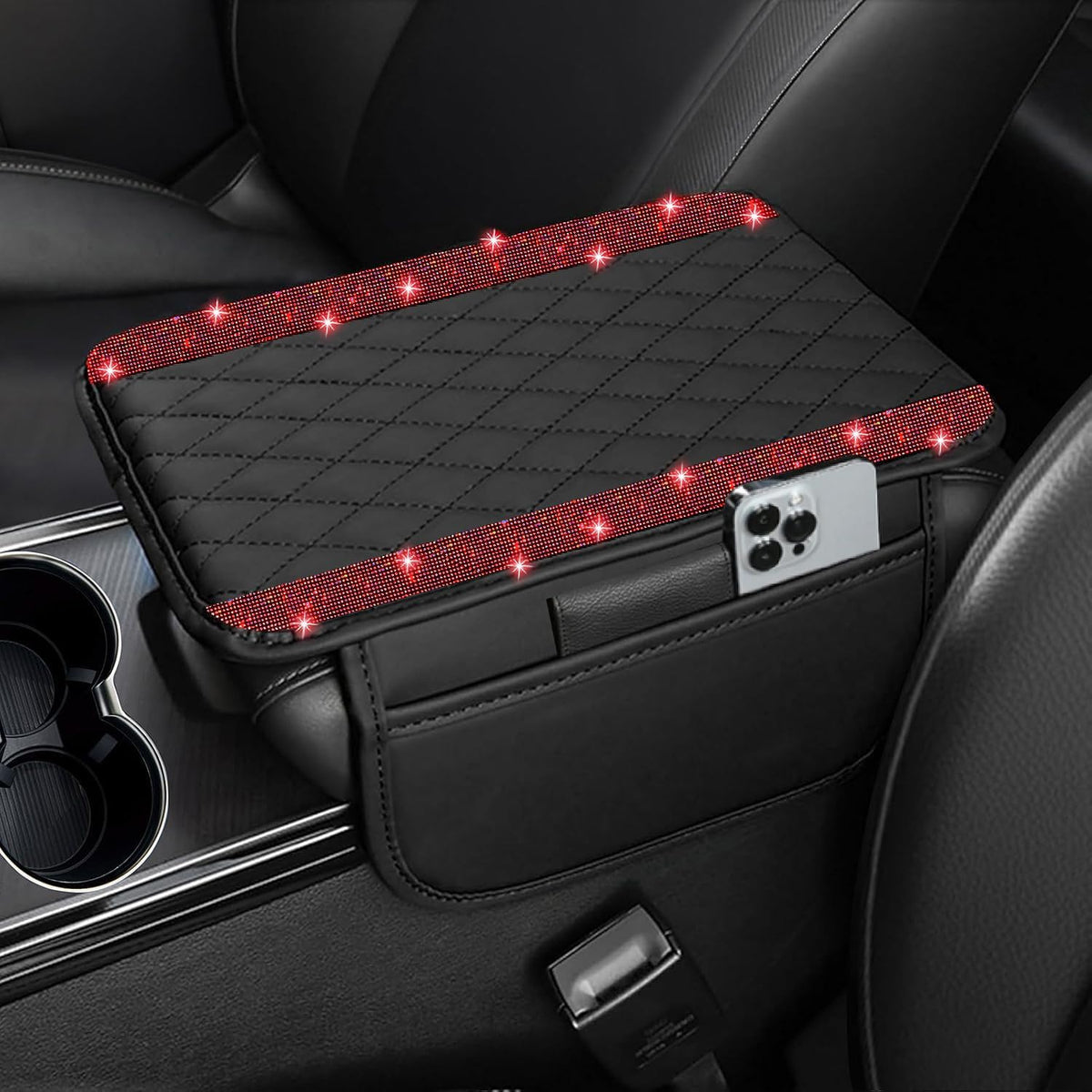 NBTEPEM Bling Car Center Console Cover, Leather Car Arm Rest Cover Cushion with 2 Storage Bags, Middle Console Cover Universal Armrest Protector Pads, Bling Accessories for Most Vehicles (Red)