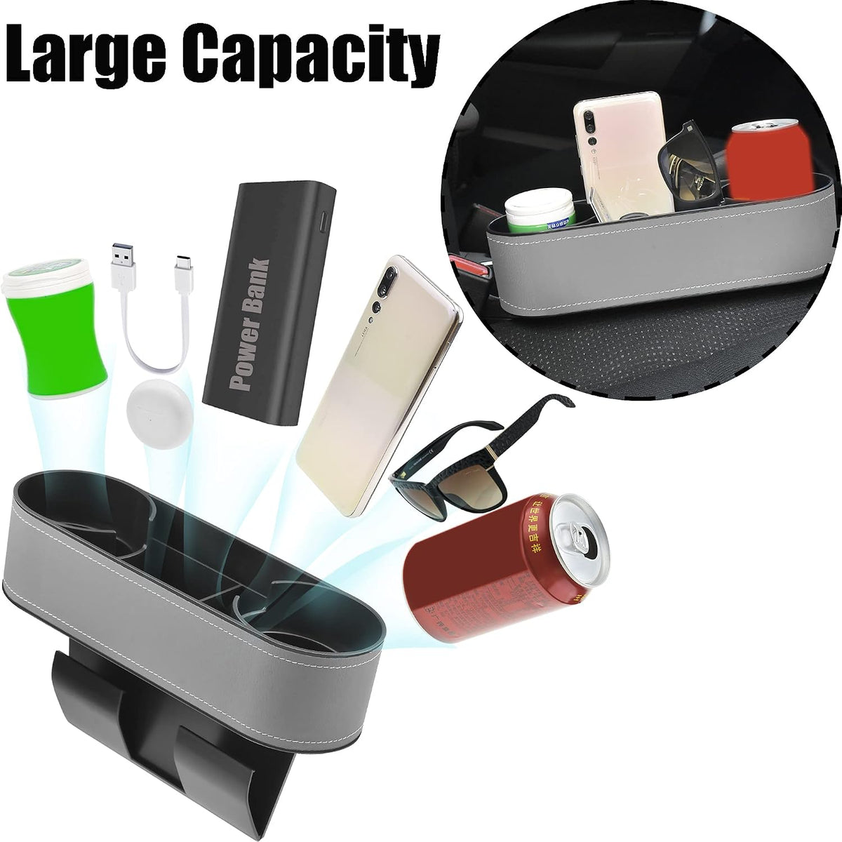 IOKONE Console Side Pocket, Cup Holder for Car, Easy Install, Slim Gray