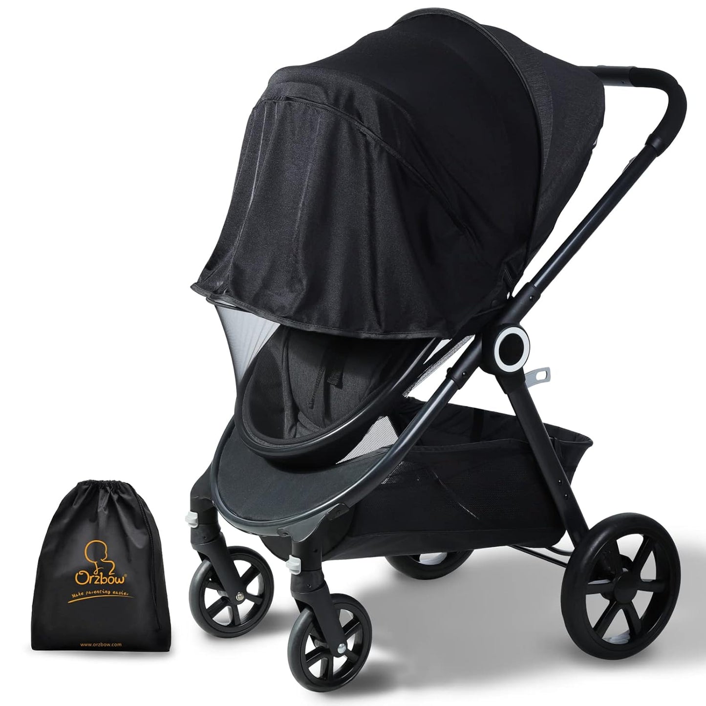 Orzbow Baby Mosquito Net for Stroller with Sun Shade, Breathable, Black | Tear-Resistant Mesh, Insect Barrier w/Travel Bag for Stroller, Car Seat, Bassinet, Cradle, Mini Cribs, Baby Summer Essential