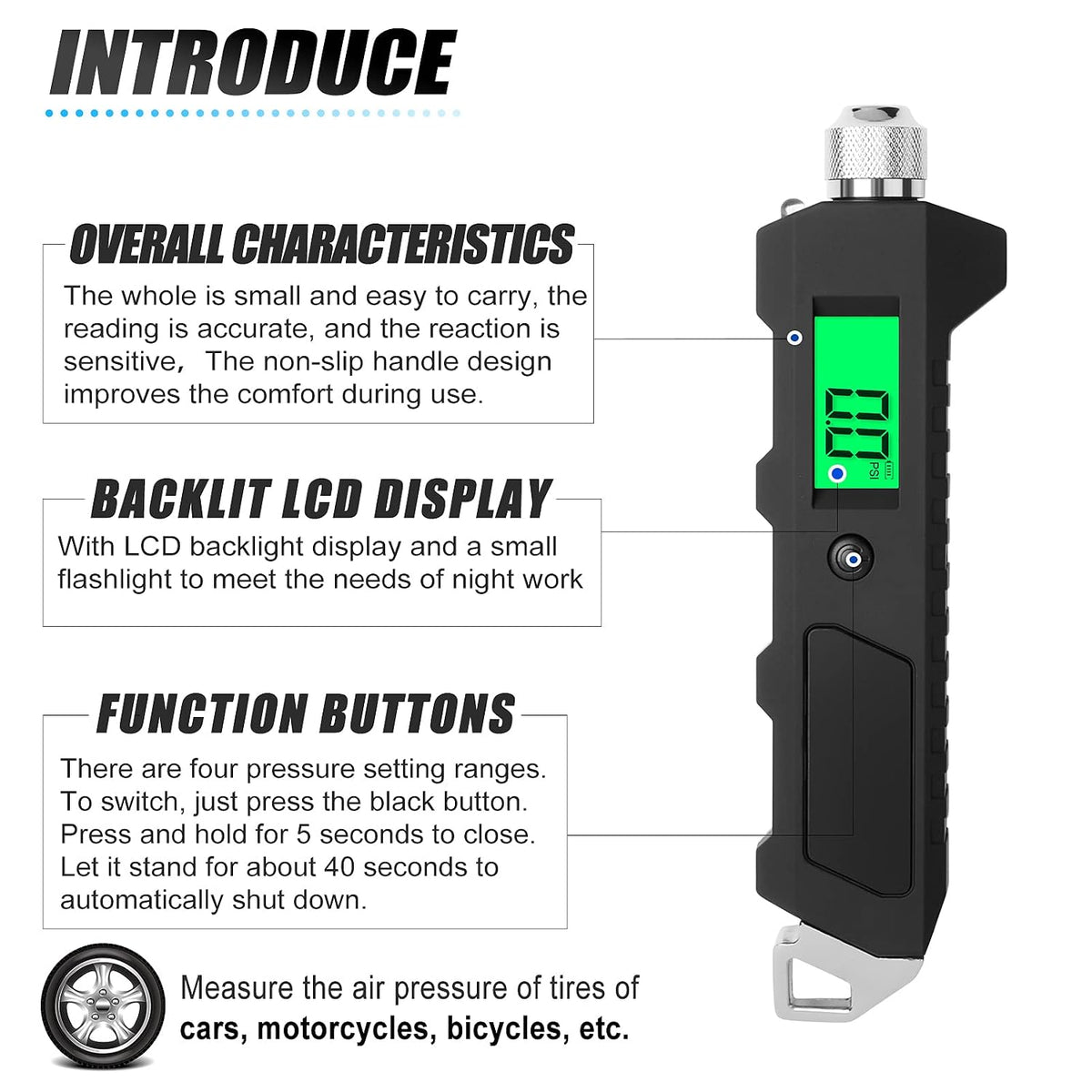 MEANLIN MEASURE Digital Tire Pressure Gauge 0-230 PSI Heavy Duty Professional Accessories for SUV RV Truck and Normal Cars with Backlit LCD and Flashlight