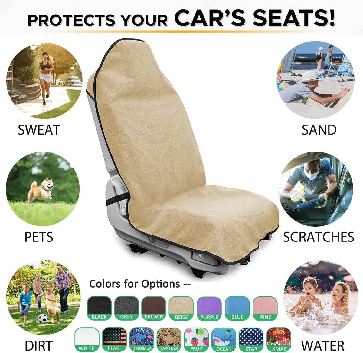 Waterproof Sweating Car Seat Cover for Post Gym Workout, Running, Swimming, Beach and Hiking, Universal Fit Non-Slip Bucket Seat Protector for Cars SUV Trucks, Machine Washable (2pcs Off-White)