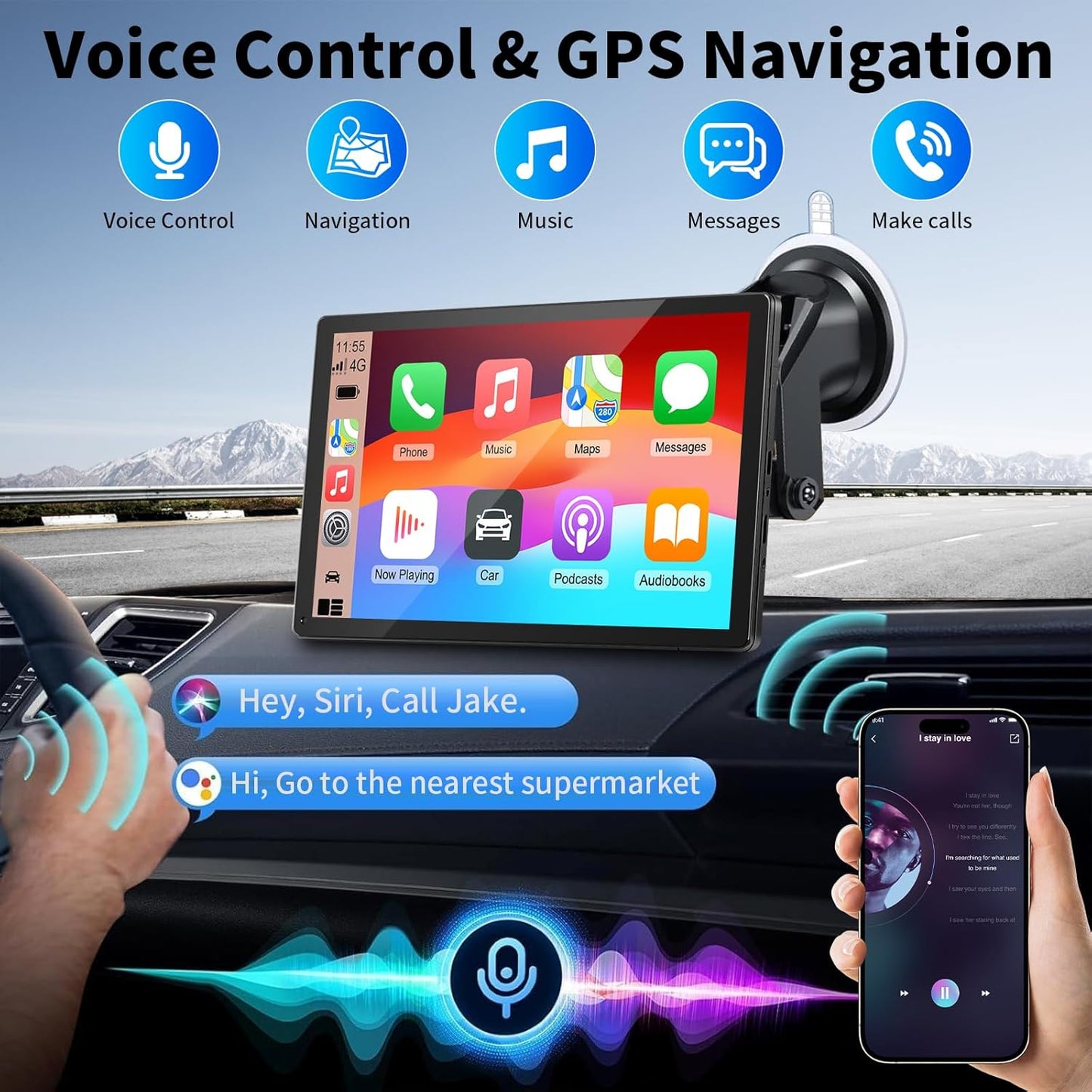 CarPlay Screen for Car, 9'' Wireless CarPlay & Android Auto - Smart Portable Touchscreen with Bluetooth/FM, Mirror Link, Voice Control, GPS Navigation, Hands-Free Calling, Plug & Play Car Play Screen