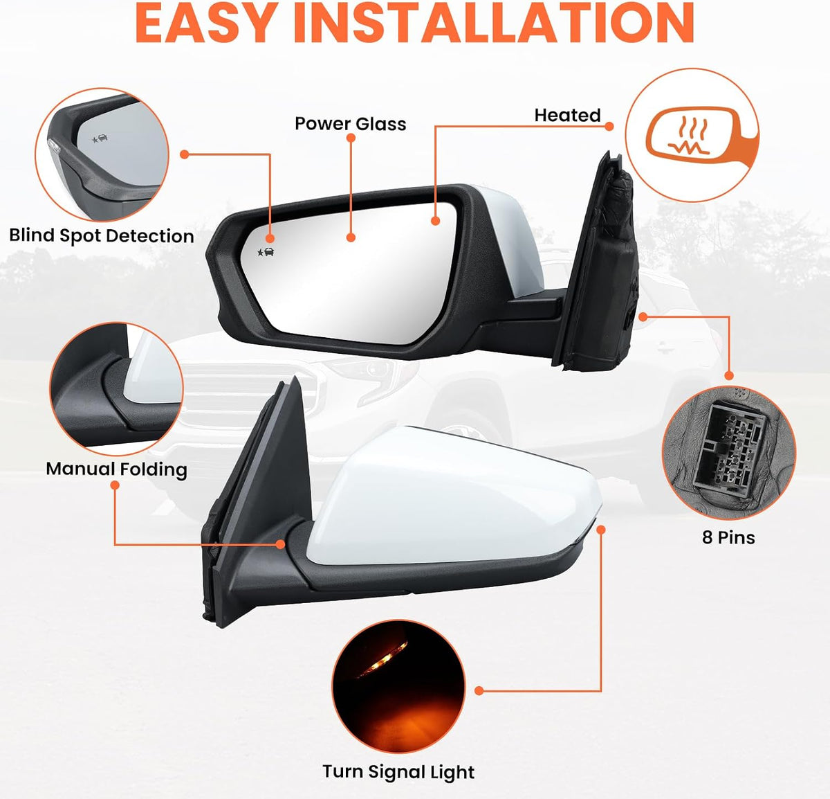 Driver Side Mirror for 2018-2024 Chevy Equinox GMC Terrain 8Pins(White)