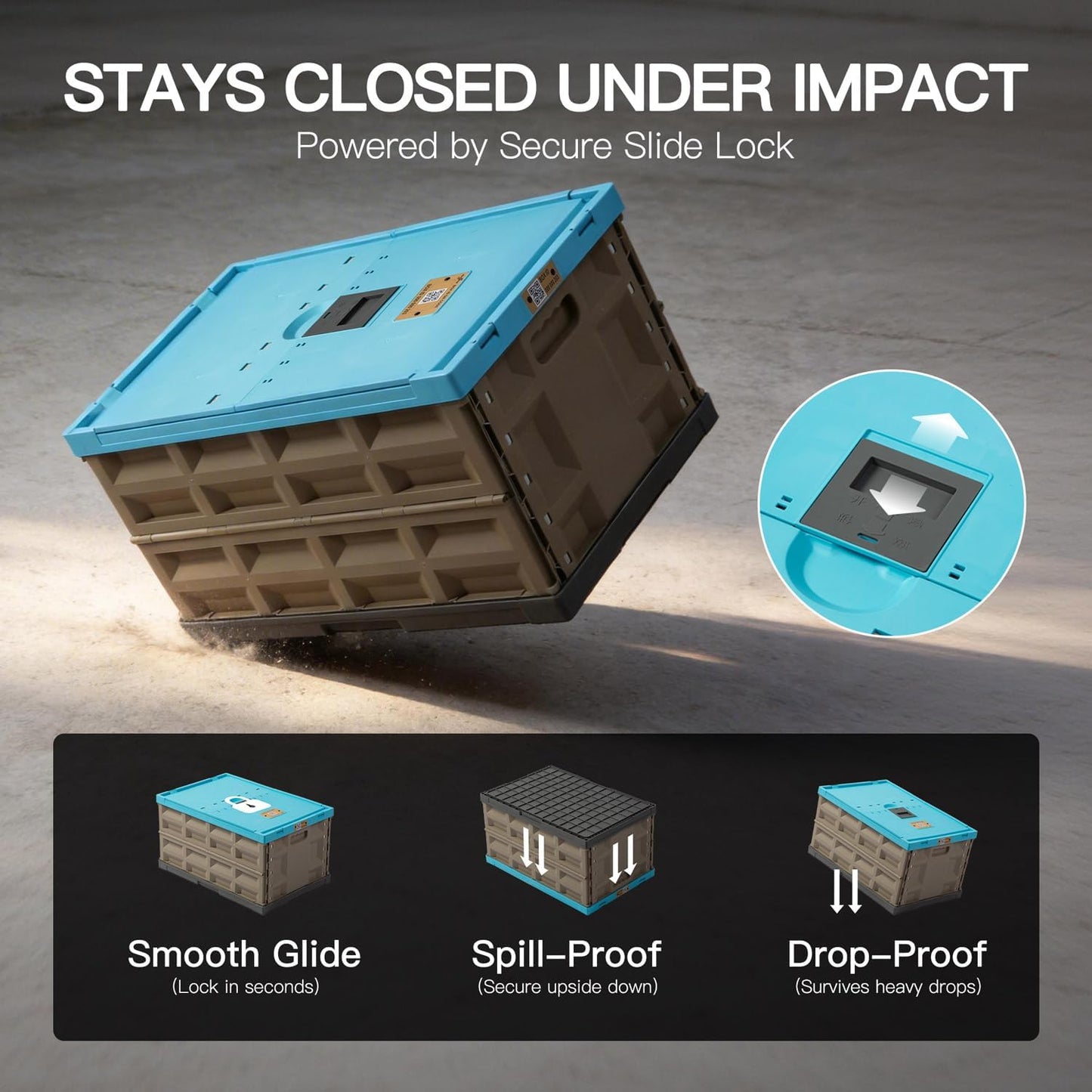 Heavy Duty Collapsible Storage Bins, Attached Lids, 12 Gal, 2 Pack | 400 LBS Stacking Strength, Secure Slide Lock, Durable PP Plastic, For Garage / RV / Car Trunk / Moving