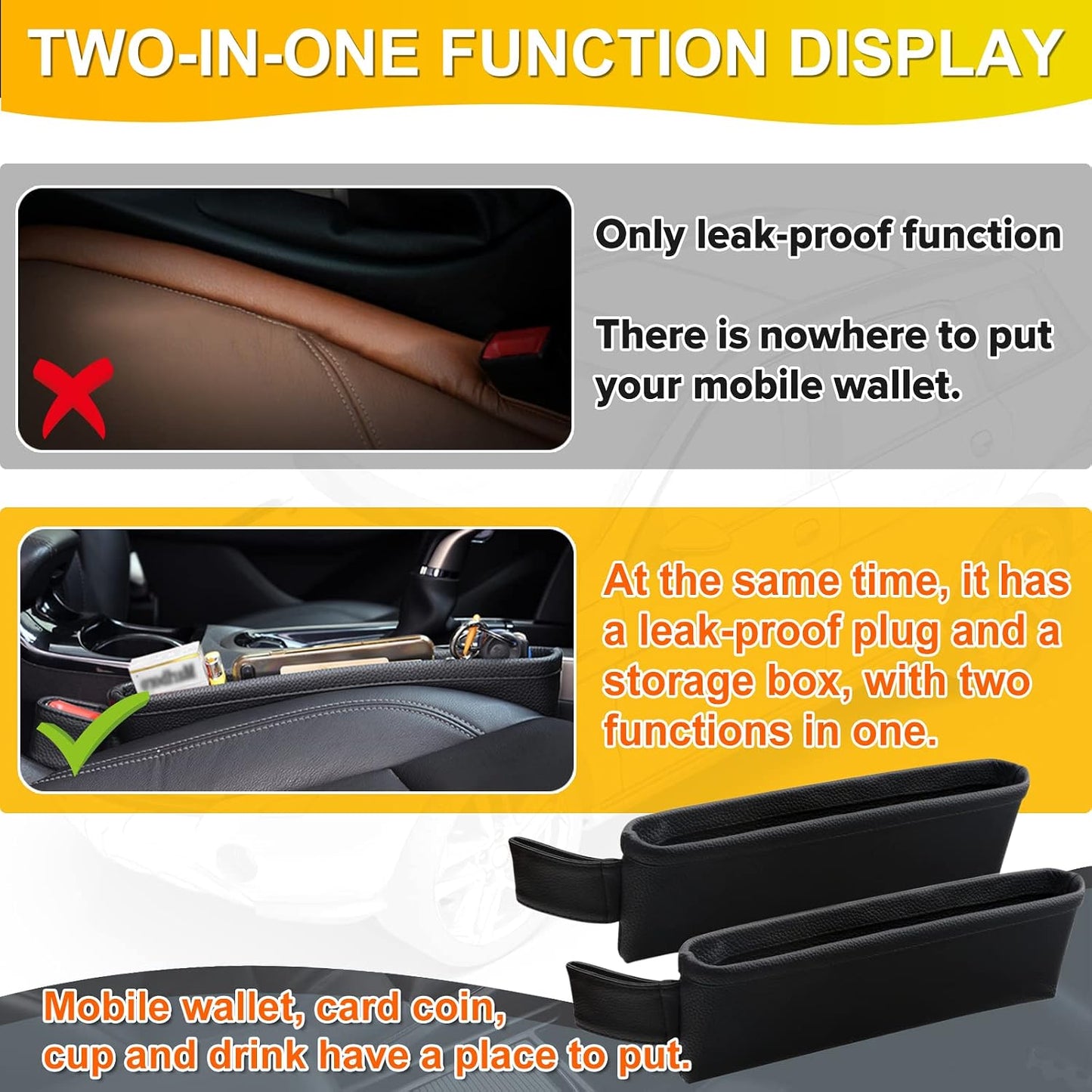 2 Pack Update Car Seat Gap Filler Organizer Leather Console Storage Box Front Side Pocket Seats Organizers Filler Interior Car Accessories for Phone Wallet Coin Key Sunglasses (Black)