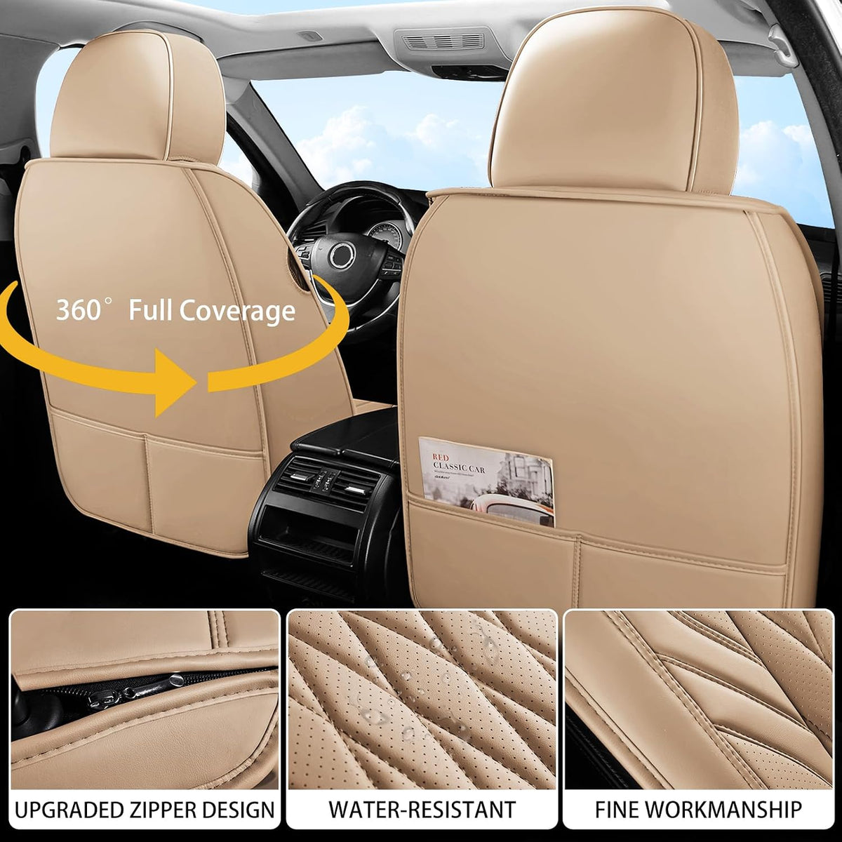 WELLDO Nappa Faux Leather Car Seat Covers Full Set, 5Seats,Beige