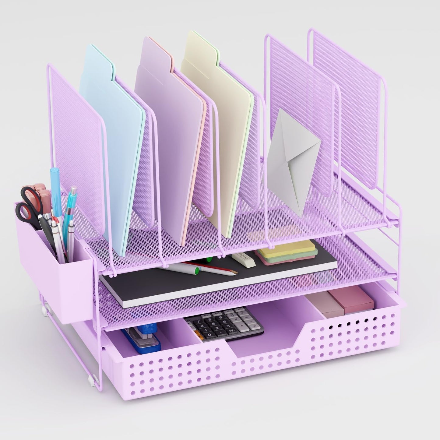LEKETREE Desk Organizer, Office Organization with Vertical File Holder, File Organizer with Drawer and Pen Holder, Desk Accessories and Workspace Organizers for Home Office (Purple)