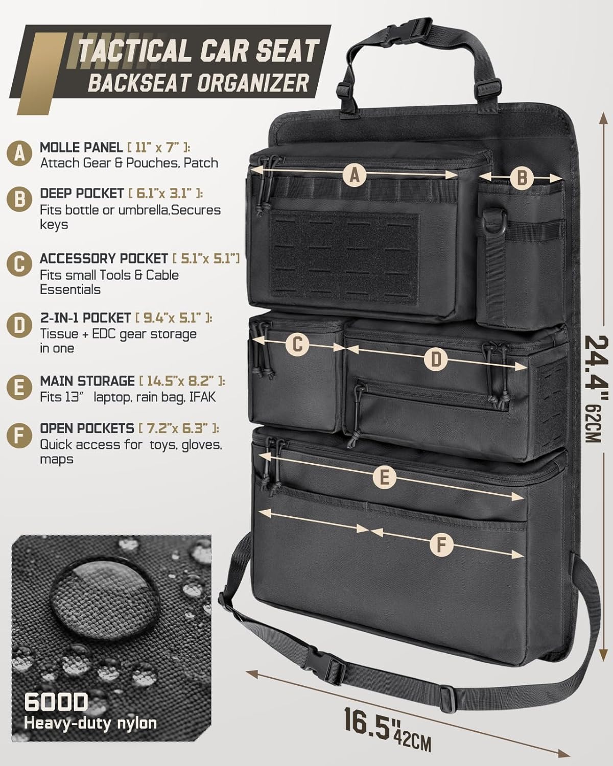 All in One Car Seat Back Organizer Fit Most Cars SUV Trucks Jeeps | Heavy Duty Molle Panel Seat Back Protector with Multi-Pockets Storage, for Tools, Toys, Camping, Travel, Daily Commuting