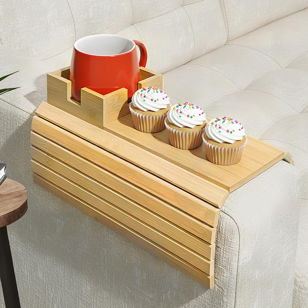Bamboo Couch Cup Holder & Armrest Tray - Extend Your Comfort with a Secure Drink Slot and Snack Space for Recliner, Loveseat, or Sofa (Extra Large)