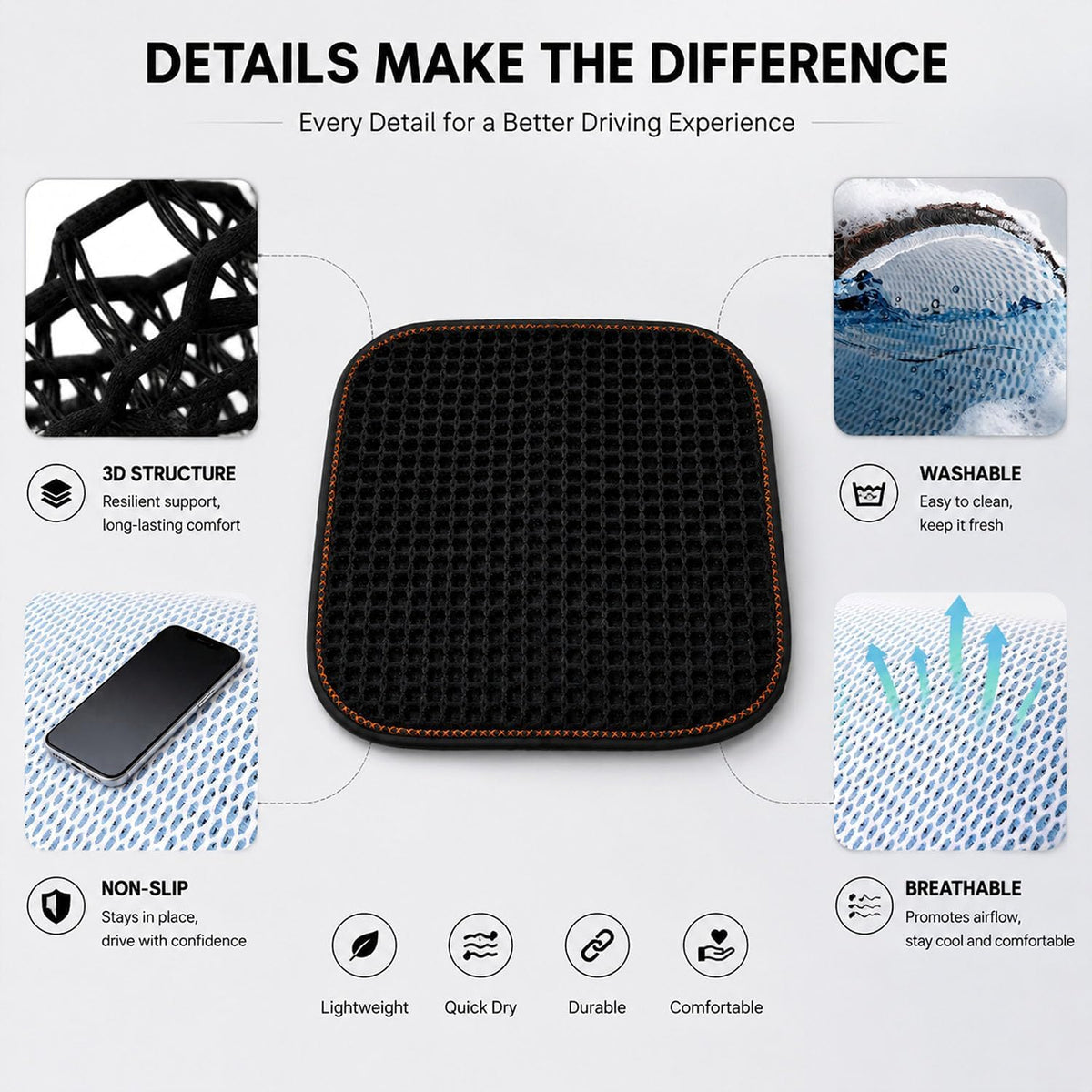 Cooling&Breathable 3D Air Mesh Car Seat Cushion for Summer, Universal Ventilated Comfortable Seat Pad, Suitable for Sedans,Vans,Pickup,Trucks,Suvs (Black-1PcsBackCushion+1PcsSeatPad)