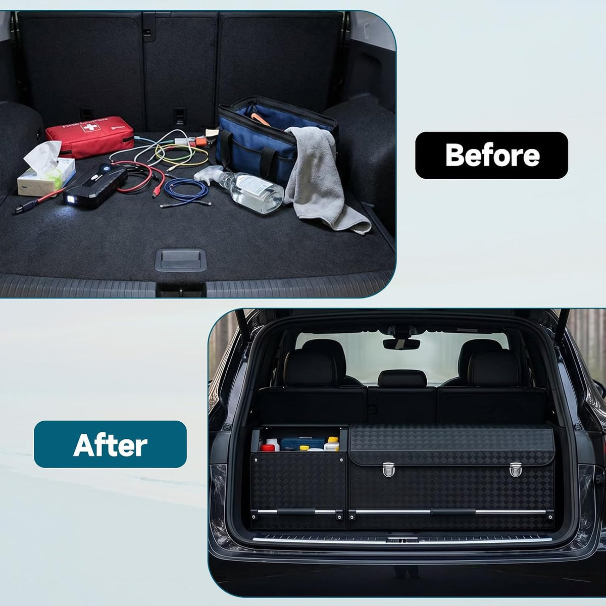 Leather Trunk Organizer, Waterproof Combination of Car Storage Organizer | 40.1*11.4*12.2in, Diamond-Pattern Leather, Heavy Duty, With Lid & Push-Pull Handle, for Groceries, Commute, Road Trips, Home