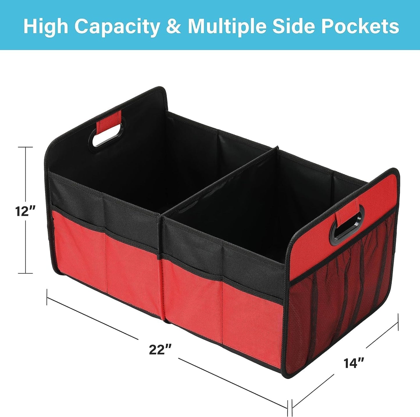 Simple Deluxe Trunk Organizer for Car/SUV/Truck, Collapsible 2 Compartment 50L Automotive Storage Box with 5 Pocket, 600D Waterproof Oxford Polyester, Anti-slip & Leak-proof, Red, 2 Pack