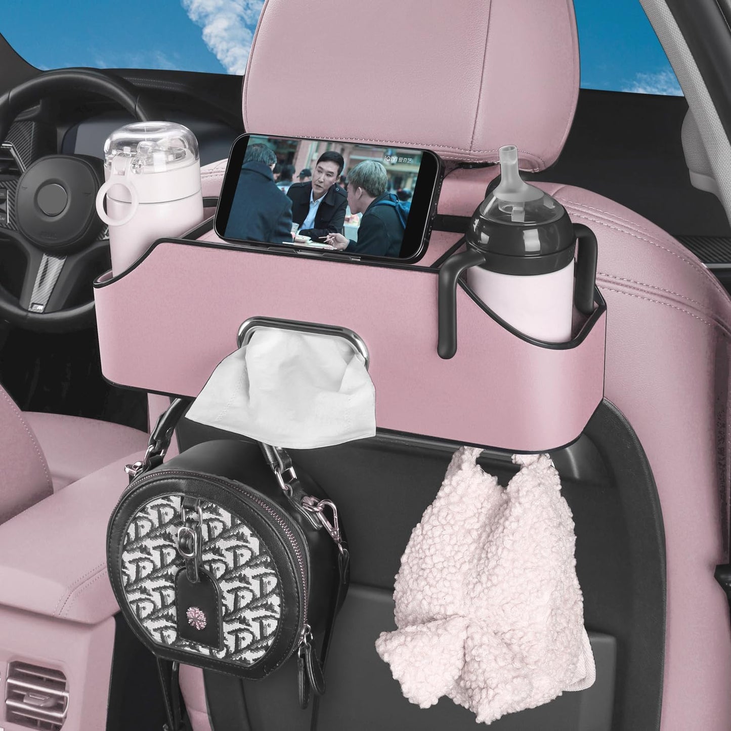 HOLDCY Car Back Seat Organizer with 2 Drink Cup Holder - Tissue Box and Storage Box Hook - Multi-functional Storage - Great for Kids and Travel (Pink)