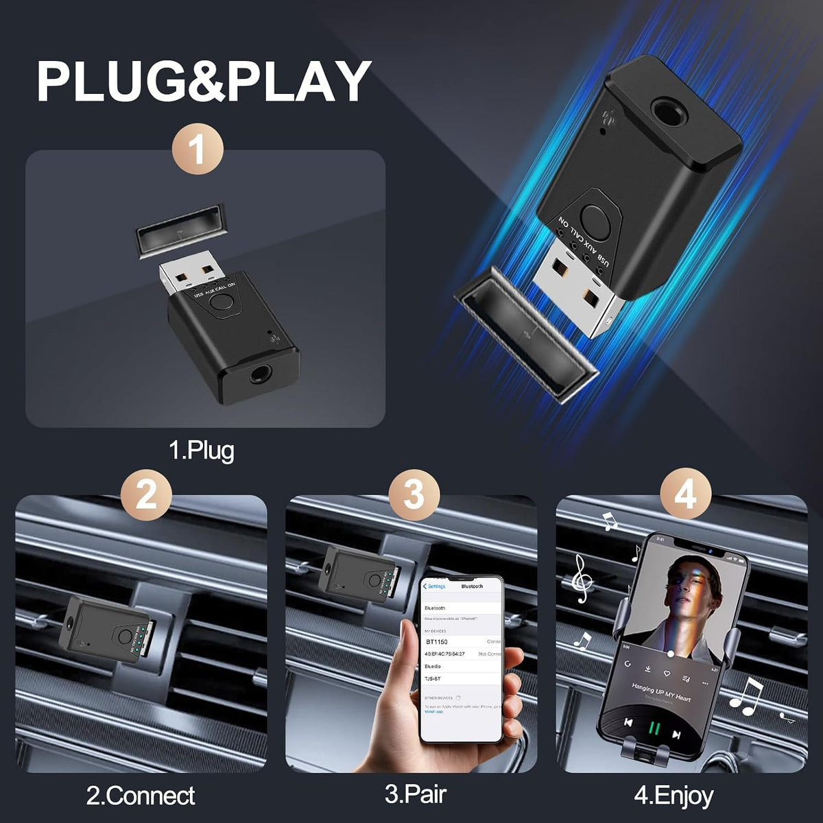 USB Bluetooth 5.4 Adapter for Car, Bluetooth Music Receiver Plug & Play, 3.5mm AUX Jack Car Kit Built-in Microphone for Hands-Free Calling Compatible with Speakers/Home Stereo,USB-Powered
