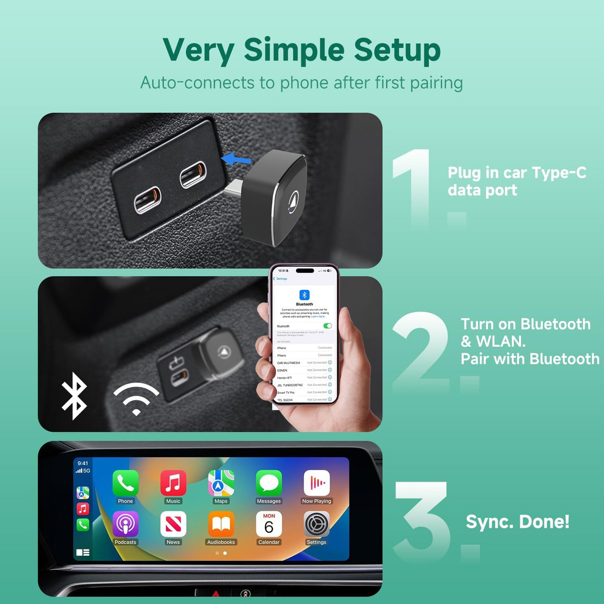 M1 C Wireless CarPlay Android Auto Adapter Native USB-C Direct Plug