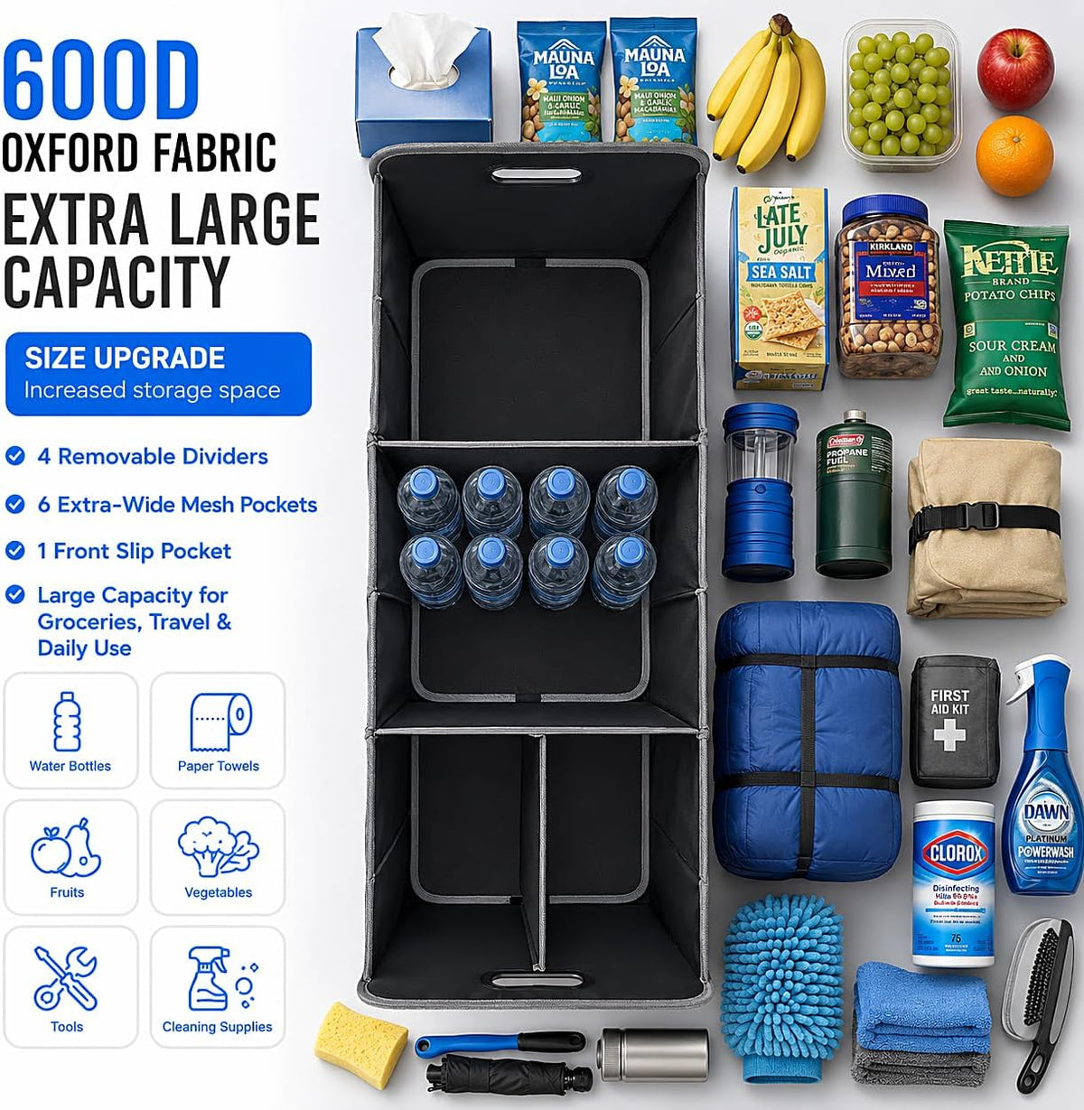 XL Car Trunk Organizer, 4 Compartments, 94L Capacity, Oxford Polyester 600D Material, Easy Fold and Store, Prevents Sliding