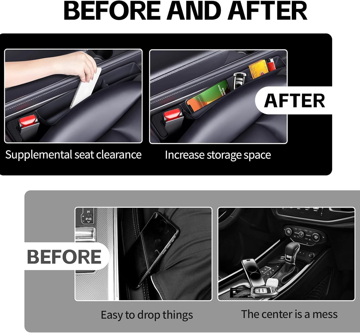 2PCS Car Seat Gap Filler Organizer, Multifunctional Seat Gap Storage Box for Phone Key, Stop Things from Dropping Between Seat and Console, Universal Interior Car Accessories (Black)