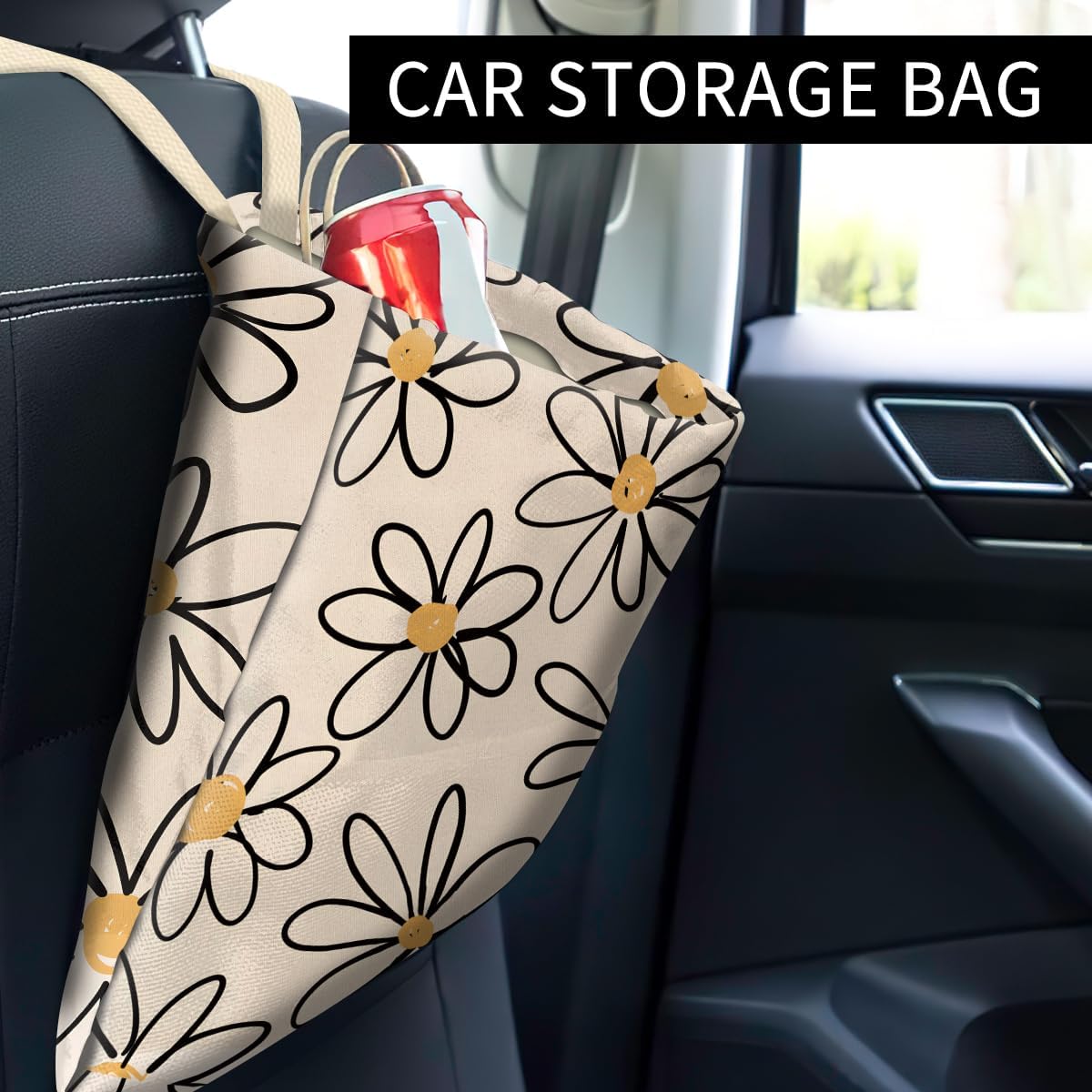 Car Trash Can, Cute Car Trash Bag, Hanging Car Organizer and Storage Bag, Trash Bin for Car Accessories, Vehicle, Travelling, Camping Cute Beige Daisy