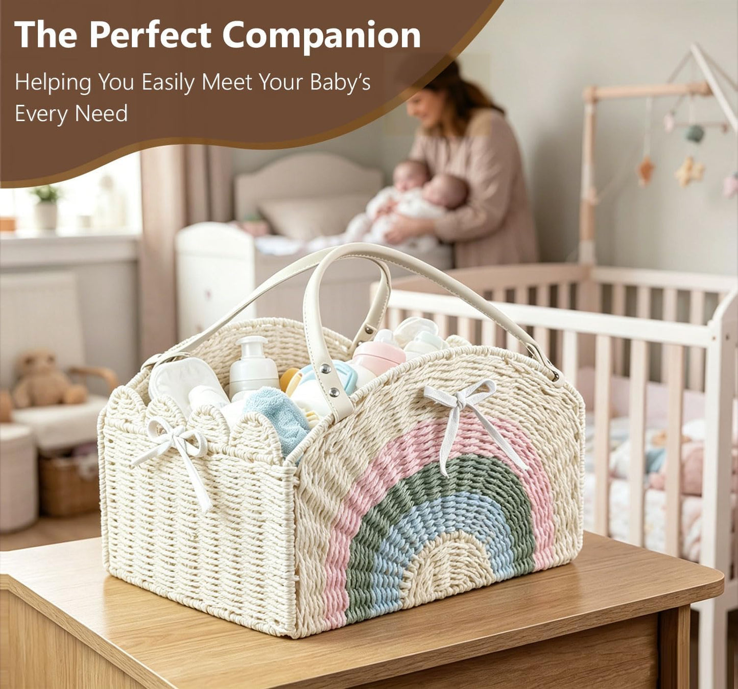 Large Baby Diaper Caddy, Paper Rope Storage Baskets Nursery Bin with Removable Divider, Portable Car Organizer for Diapers, Baby Shower Gifts, Newborn Essentials Must Haves (Light beige)