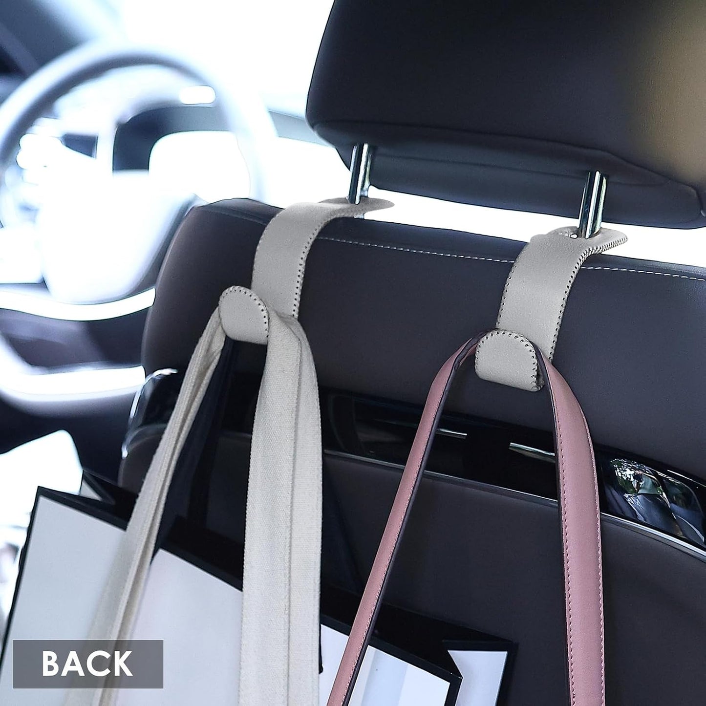 AMVOYOA Leather Car Seat Hooks - U-Shaped Purse Holder for Car, Fully Leather-Wrapped Headrest Hooks for Purses, Bags & Coats, Durable Seat Back Organizer for Travel & Daily Use (Gray, 2 Pack)