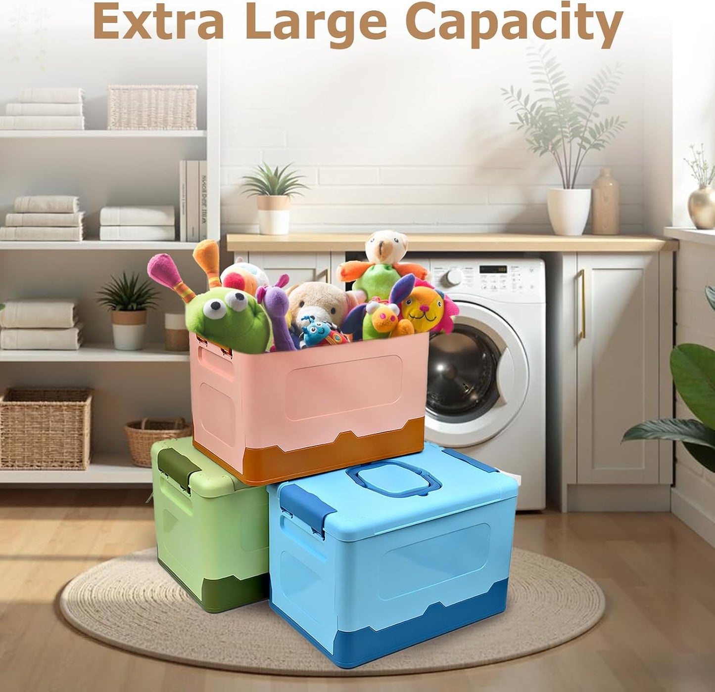 Foldable Storage Box with Lid, Portable Plastic Tool Box, Stackable Storage Container for Shelf Organization, Cute Multi-Purpose Storage Bin for Everyday Items (Blue)