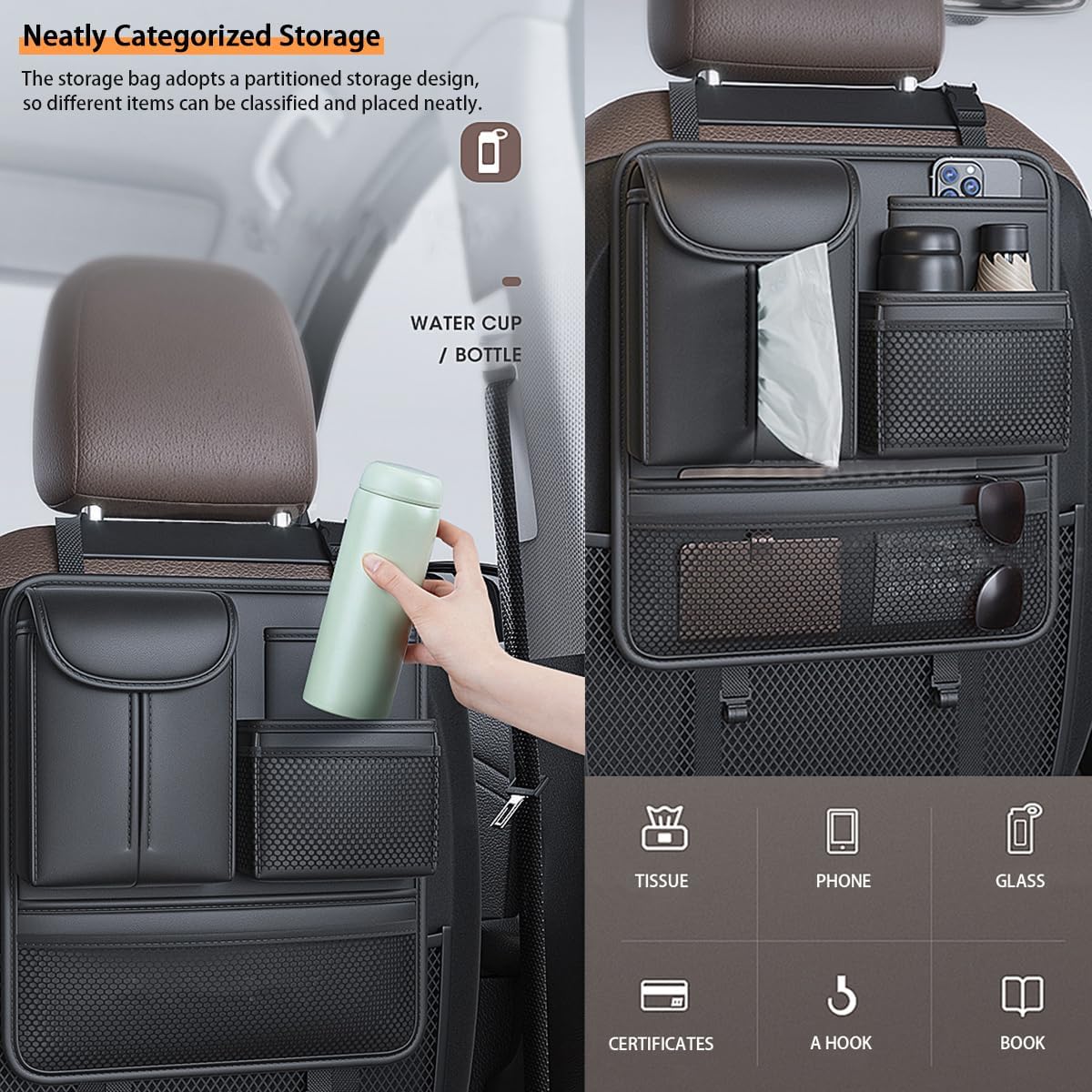 Backseat Car Organizer,5 Storage Pocketscar Seat Organizer,Car Storage Organizer with Foldable Food Tray,Car Seat Back Protectors Kick Mats Travel Accessories