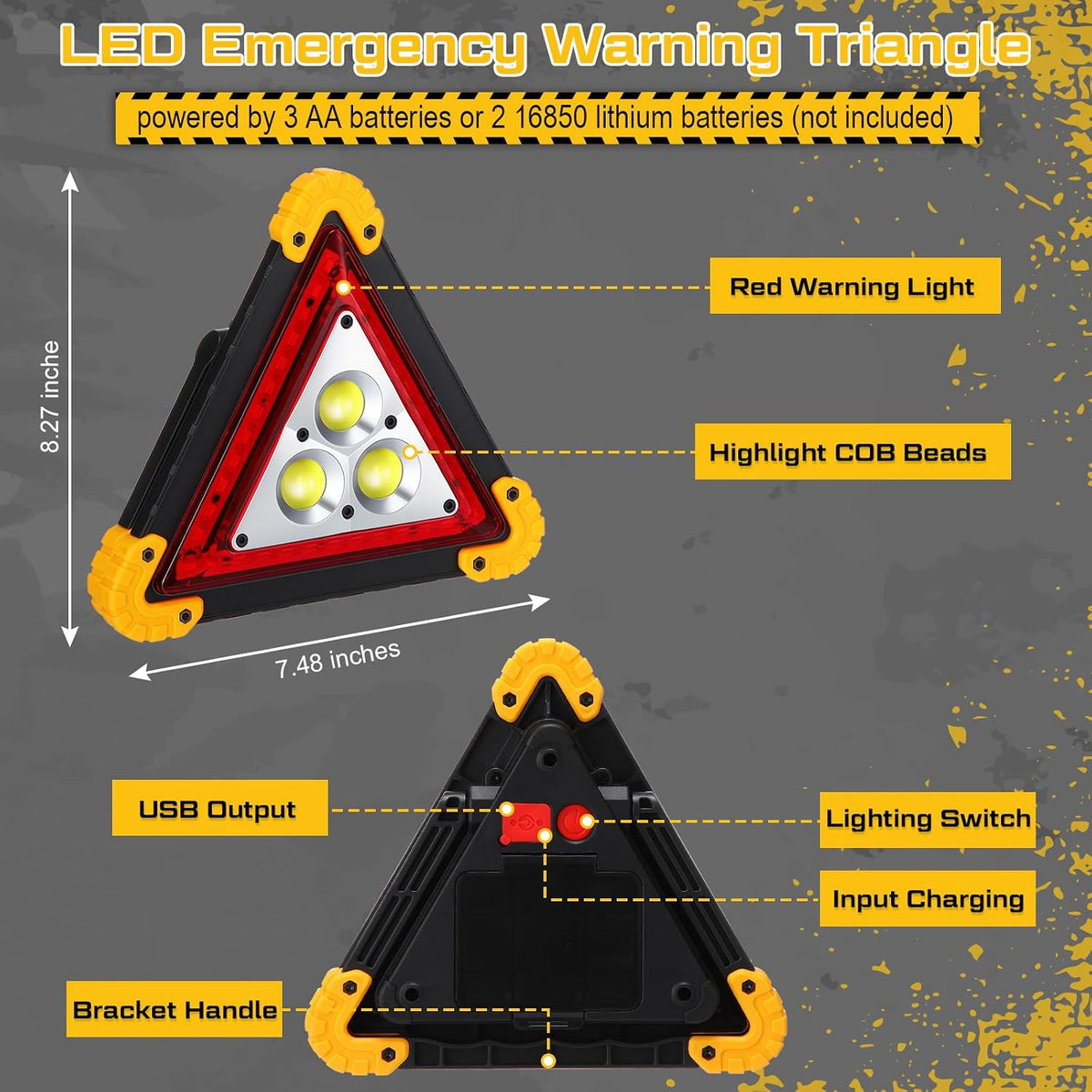 Huquary 3 Pack LED Emergency Triangle, Rechargeable Flashing Warning