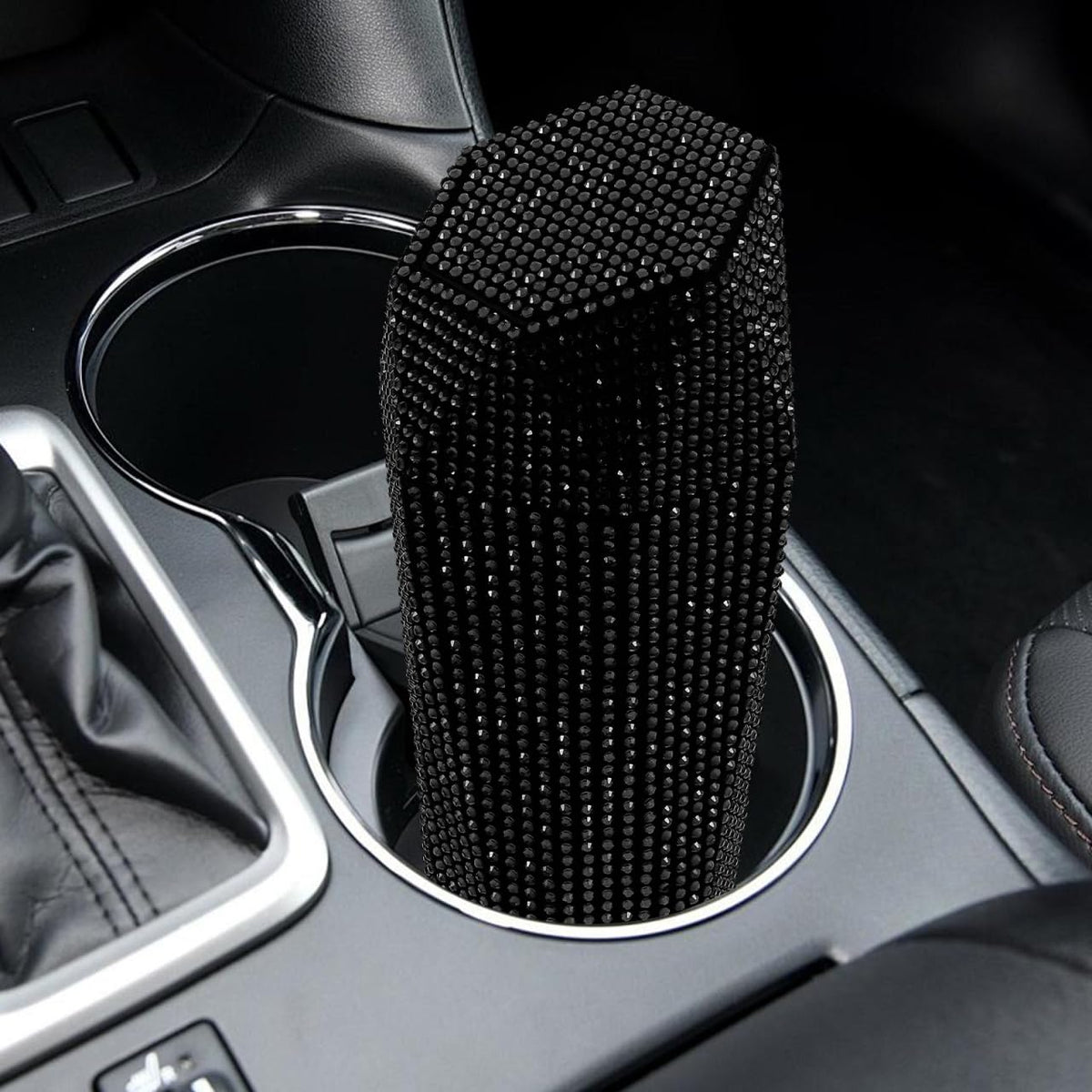 iplusmile Bling Car Trash Can with Lid – 3.2 in Black Rhinestone Sparkle, Leak-Proof Cup Holder Bin, Odor-Seal Mini Garbage Container for Women, Girls, Car Interior & Vanity Desk