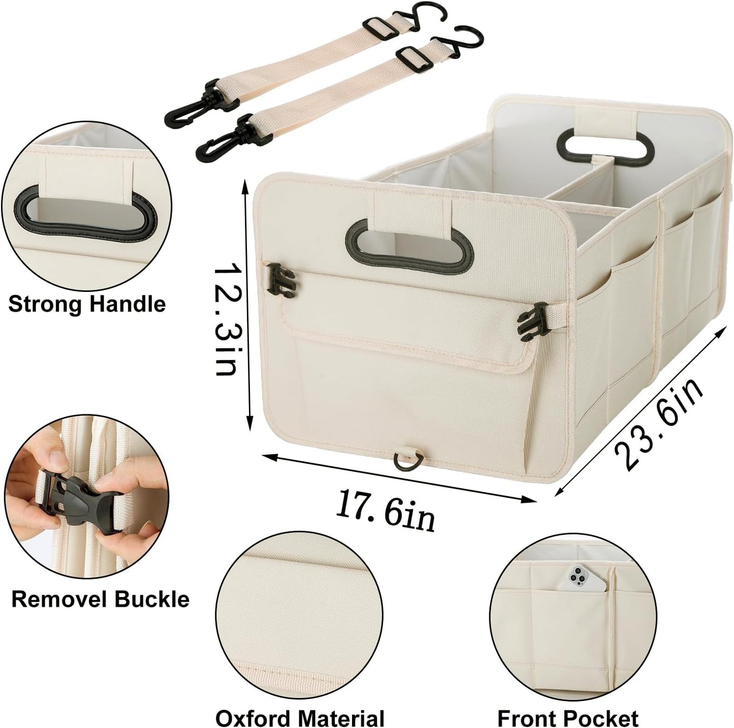 titiyiof Trunk Organizer For Suv & Sedan,Car Organizers and Storage, Waterproof Collapsible & Adjustable Straps,Sturdy Car Organization for Car Accessories, Tools,Food，Sundries,2-3 Compartment（Beige）