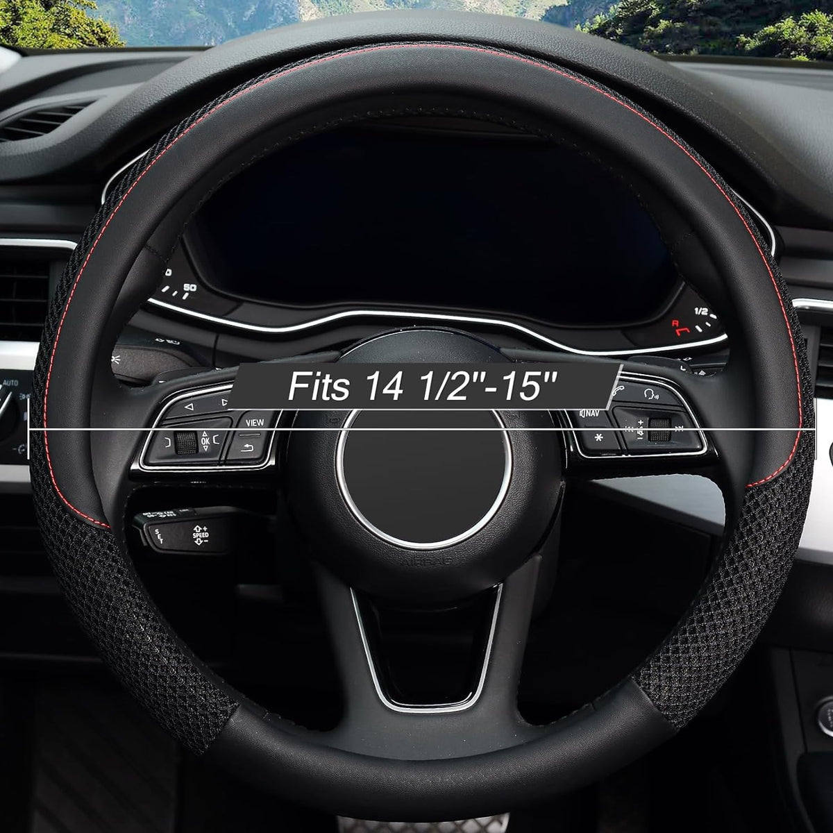 KAFEEK Steering Wheel Cover, Cooling Ice Silk Leather, 15 Inch, Black