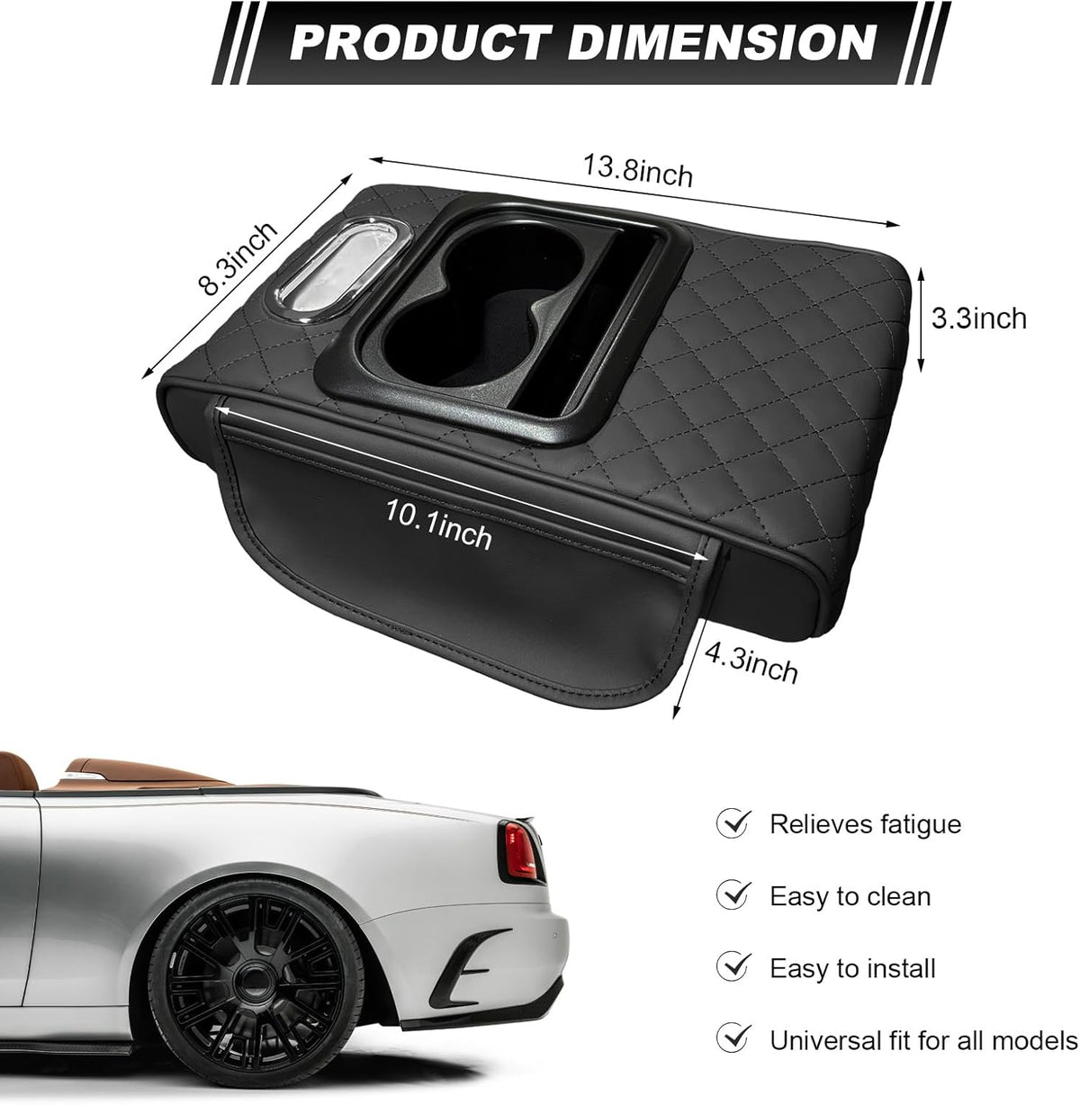 Car Center Console Armrest Pillow, Leather Car Armrest Cushion with Cup Holder & Phone Holder, Universal Armrest Storage Box Protector for Most Vehicles, Car Accessories (Black, Embroidered)